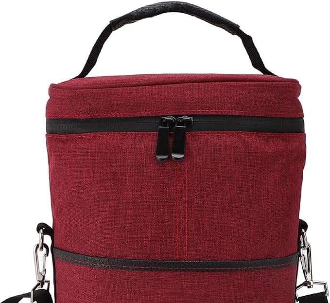Versatile red insulated wine bottle carrier, great for picnics, parties, and travel.