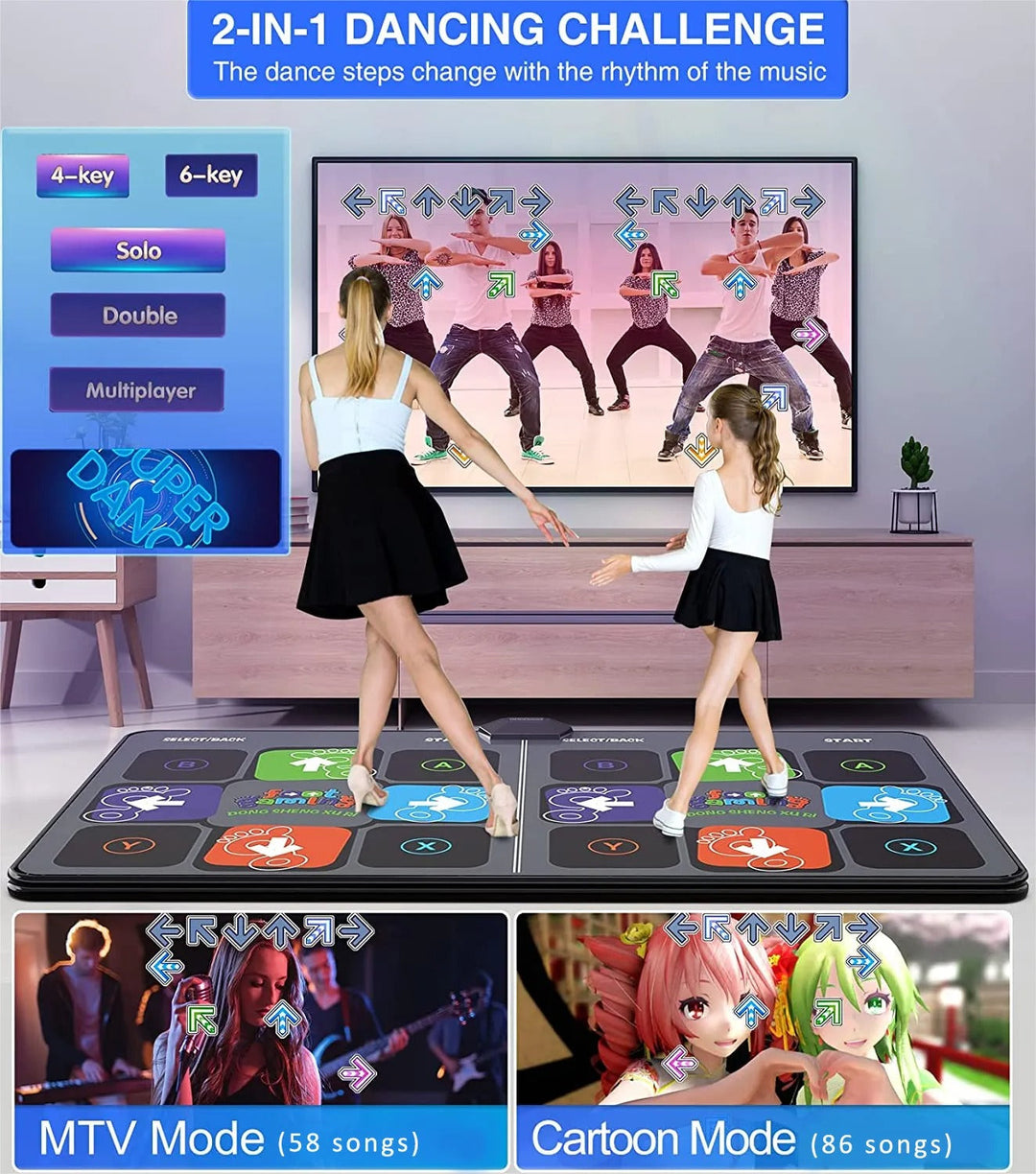 Kids and adults enjoying the DanceMaster interactive TV game mat for active family fun.