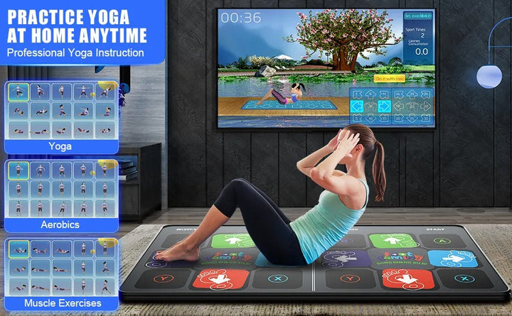 Multi-player interactive dance mat promoting family fitness and fun home workout challenges.
