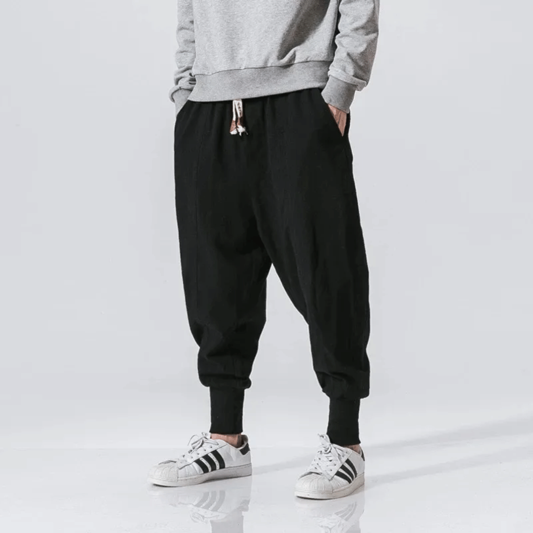 Unisex drawstring pants, Japanese style relaxed fit with a modern tapered leg, ideal for casual comfort.