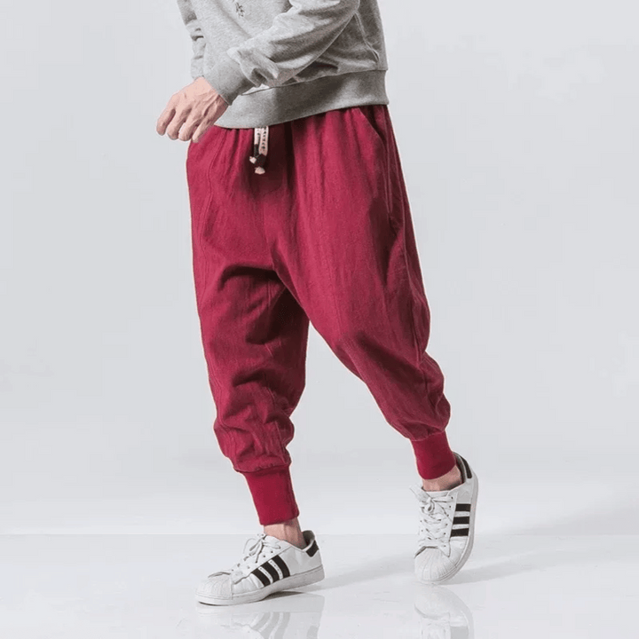 Casual unisex Japanese style pants with a relaxed tapered fit, perfect for comfortable street style fashion.