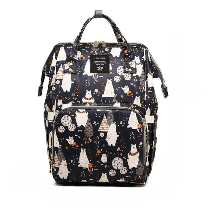 Open large-capacity baby nappy backpack showing organized multi-pockets for baby essentials and travel.