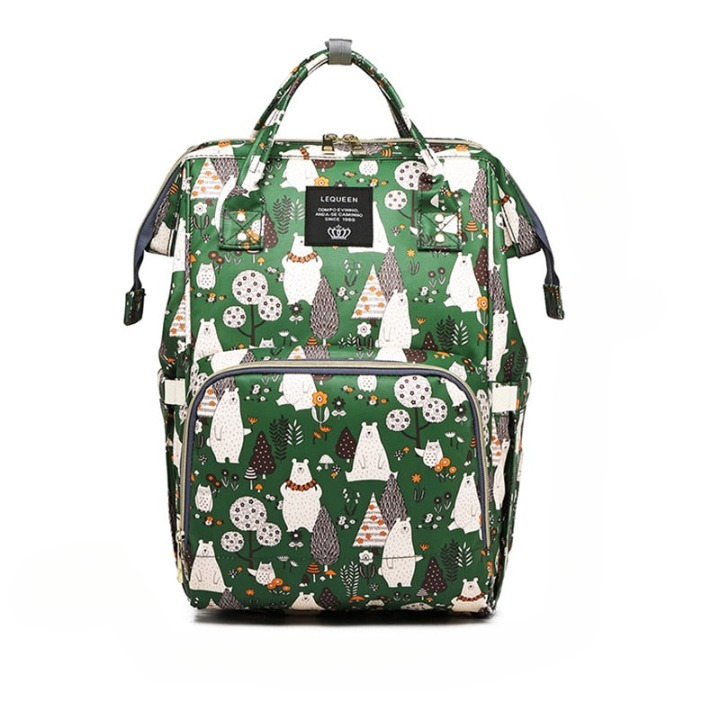 Side view of a waterproof multi-pocket baby nappy backpack, ideal for bottles & quick access travel items.