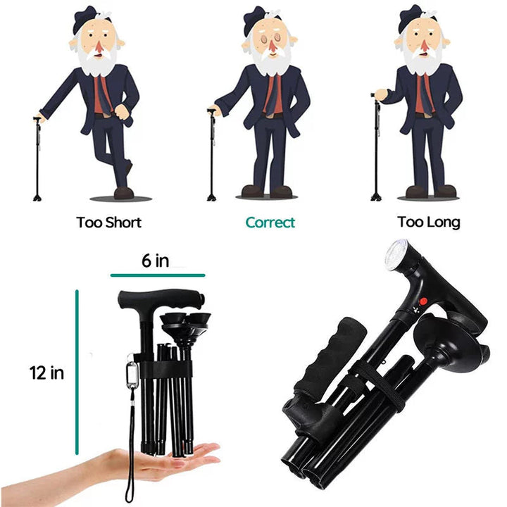 Ergonomic LED mobility cane, fully adjustable for personalized comfort and stable support.