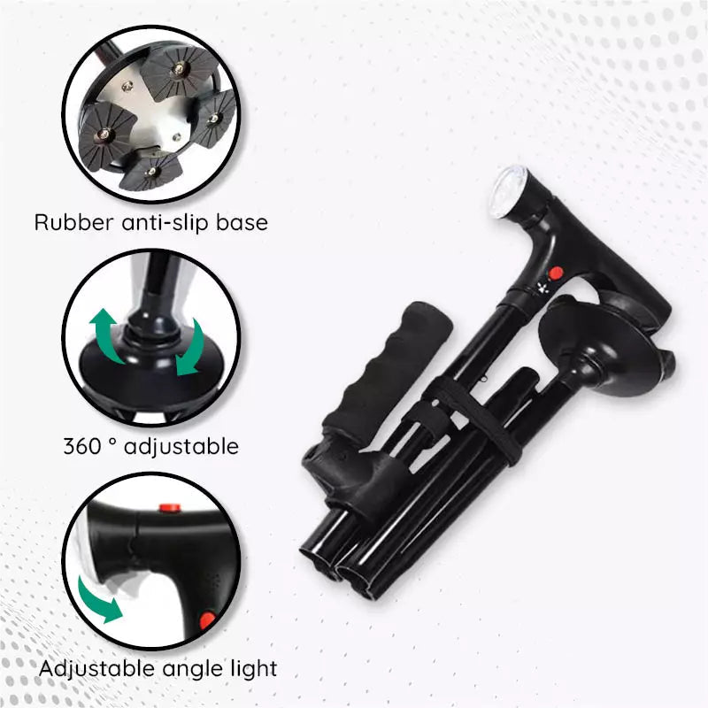 Multi-functional LED foldable cane, offering stability, light, and portability for users.