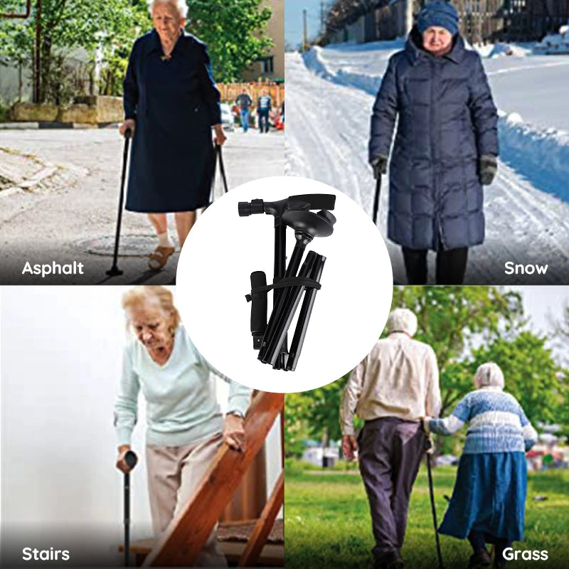 Adjustable height LED walking stick, foldable for effortless transport and compact storage.