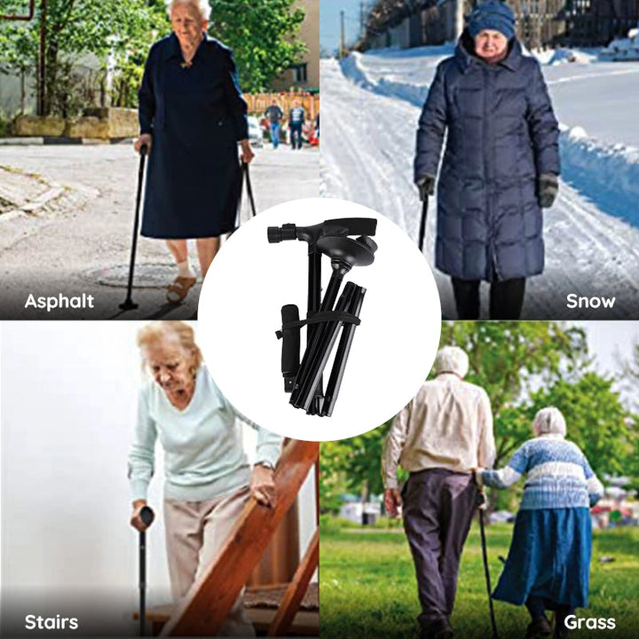Adjustable height LED walking stick, foldable for effortless transport and compact storage.