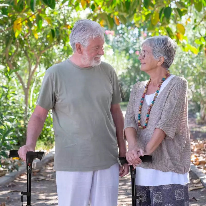 Portable LED walking stick with adjustable height and non-slip base for improved senior mobility.