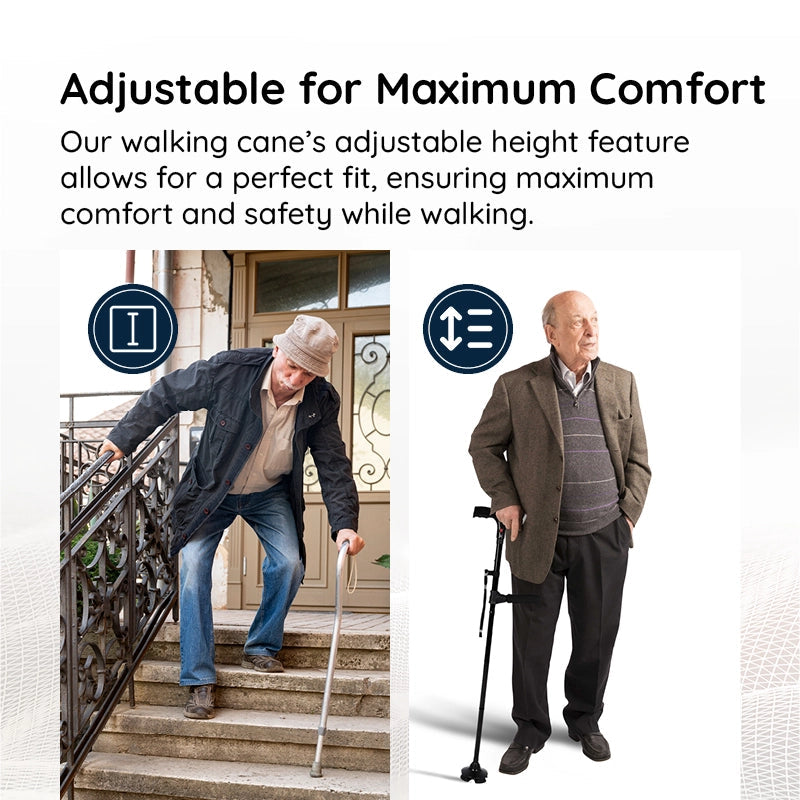 Foldable mobility aid featuring a bright LED light, ideal for night walks and stability.