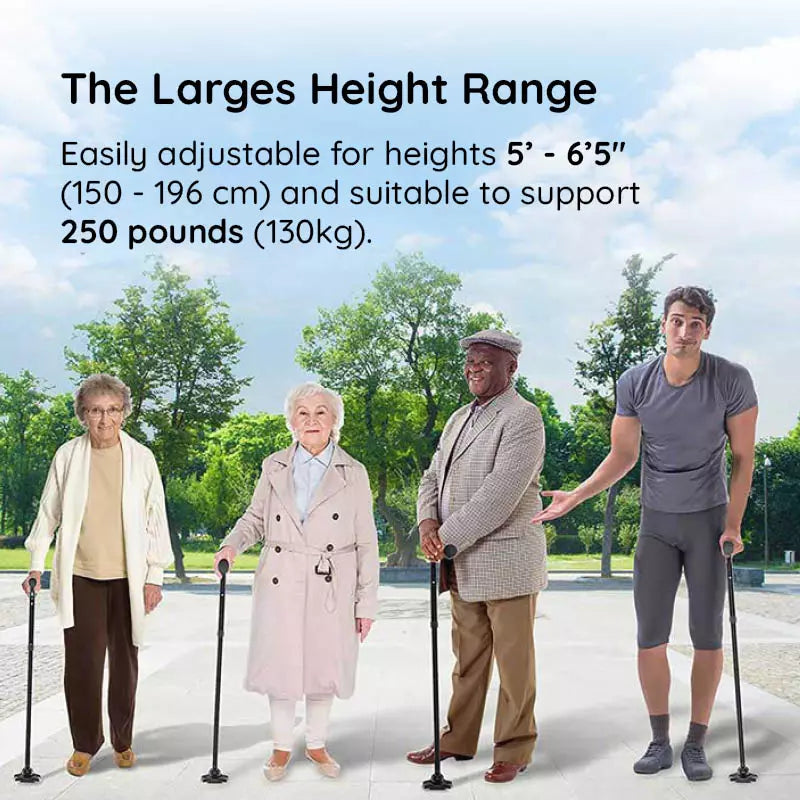 Compact foldable walking stick with integrated LED light for easy travel and storage.