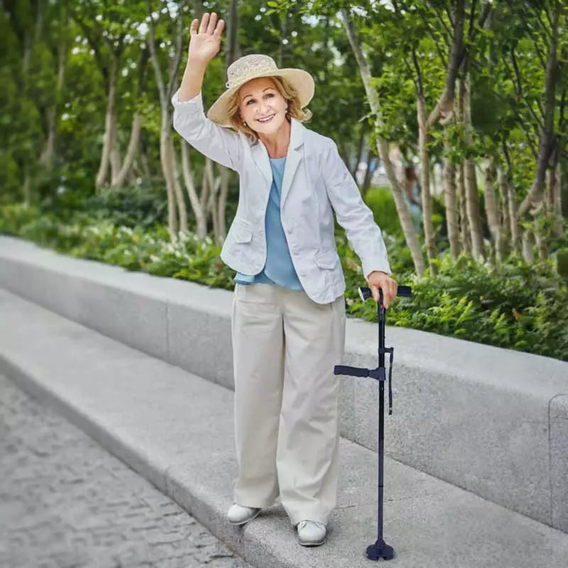 Lightweight LED walking aid, non-slip and adjustable for comfortable support for seniors.