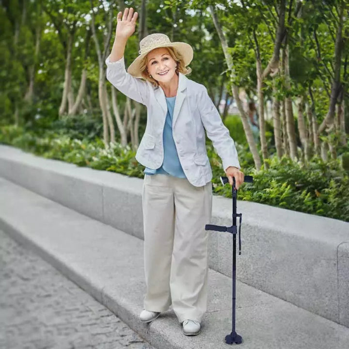 Lightweight LED walking aid, non-slip and adjustable for comfortable support for seniors.