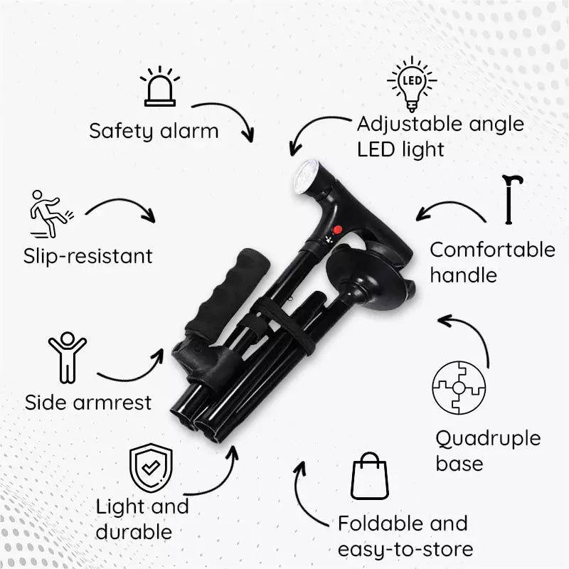 Foldable walking cane featuring a powerful LED light for low-light visibility and safety.