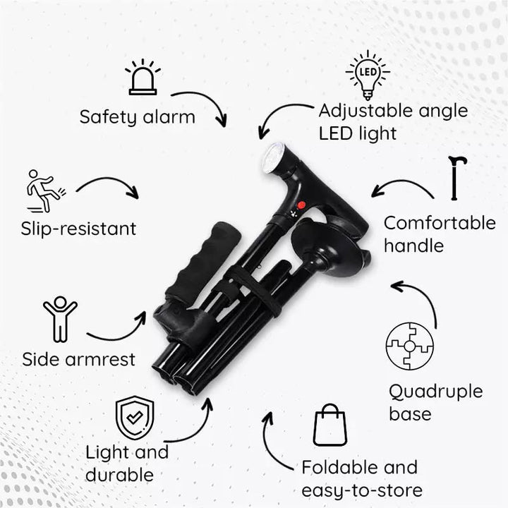 Foldable walking cane featuring a powerful LED light for low-light visibility and safety.