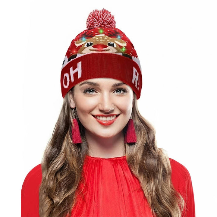 Unisex light-up Christmas beanie, festive LED holiday hat with pompom, perfect for winter parties.