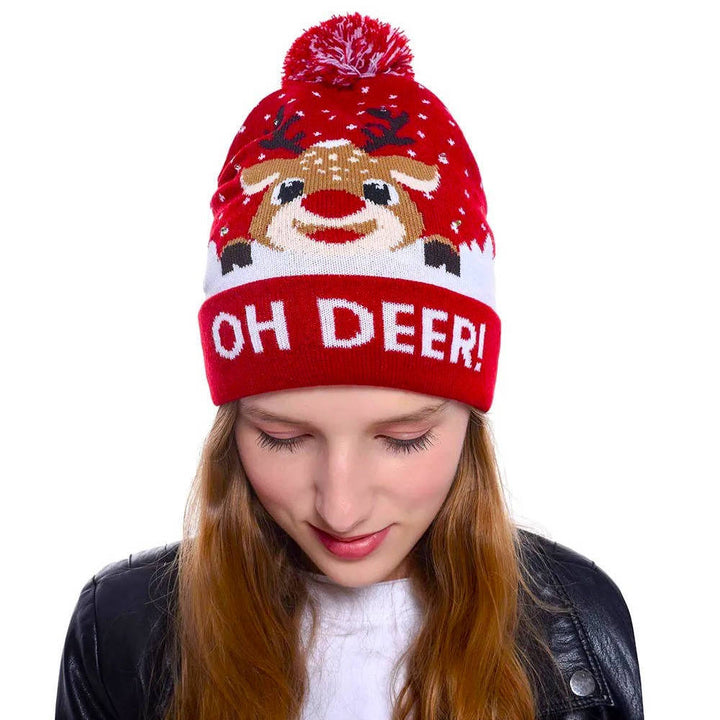 Bright LED Christmas beanie, a unisex festive knit hat with a fun pompom, ideal for holiday celebrations.
