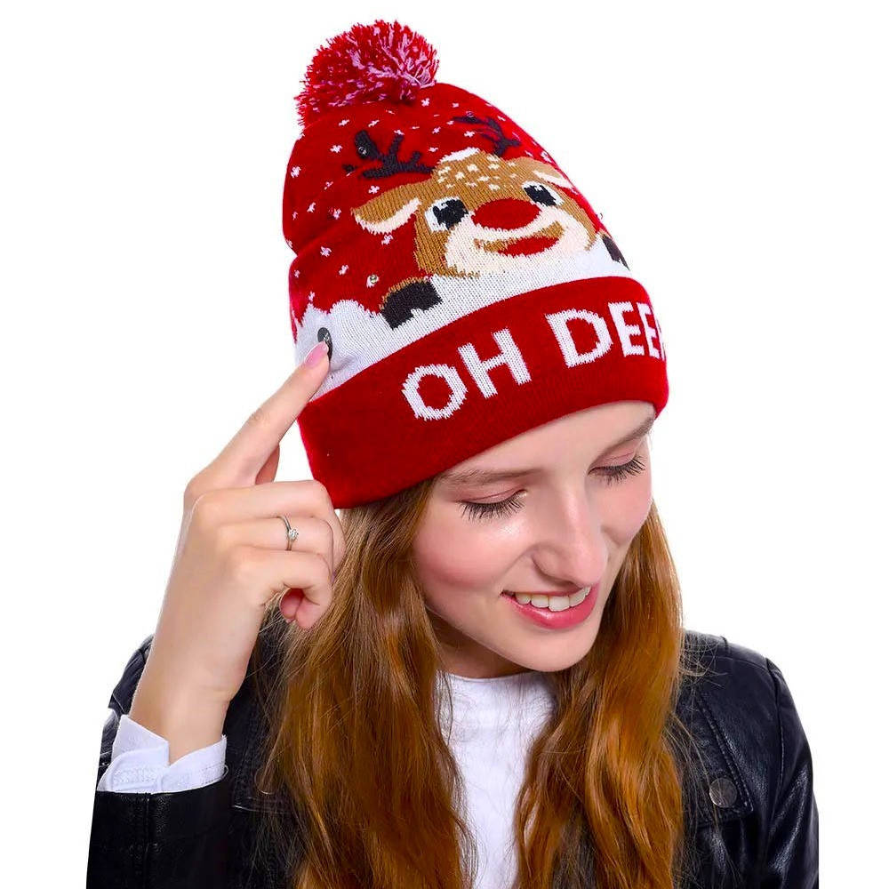 Festive light-up beanie, a warm knit Christmas hat with blinking LEDs & pompom, great for holiday gifts.