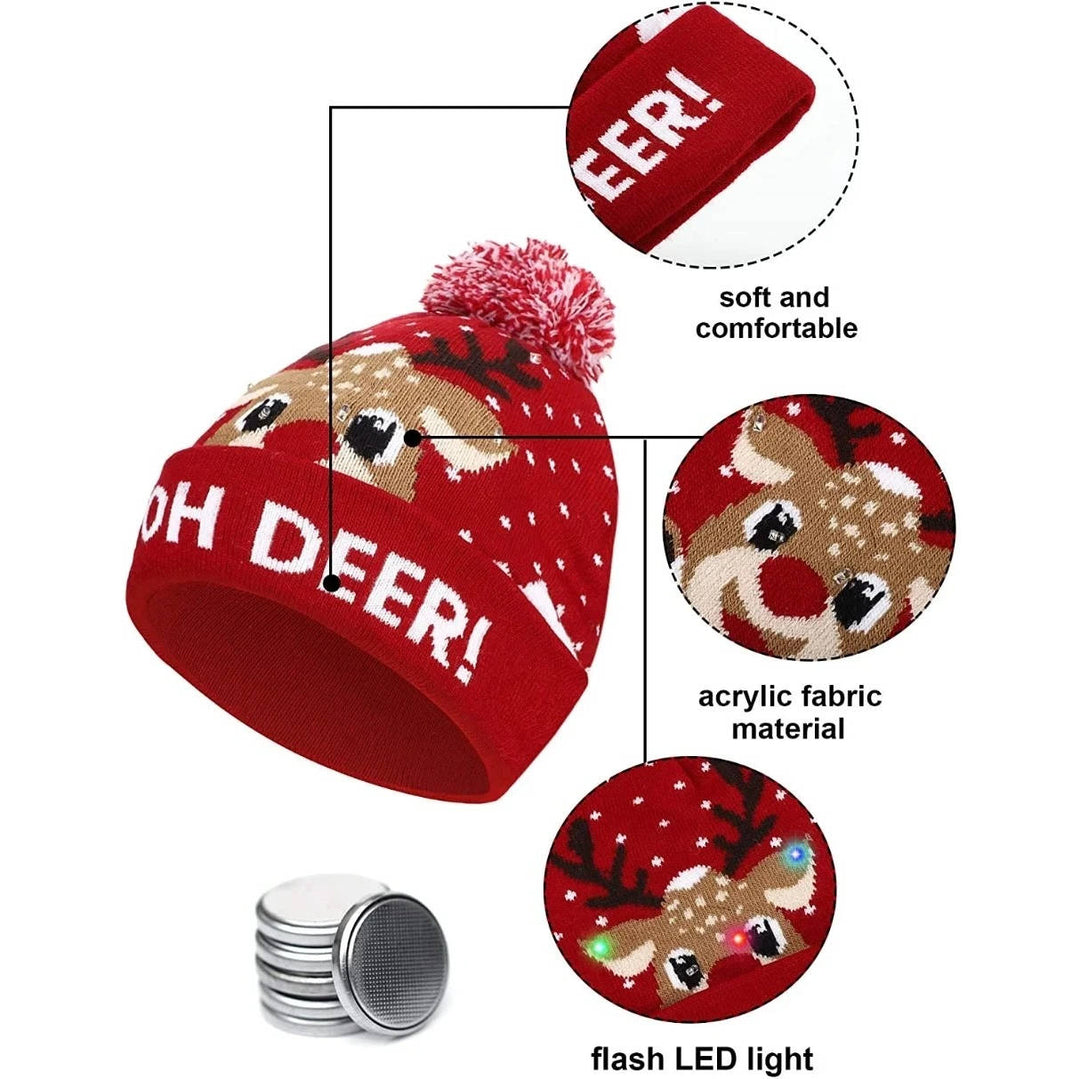 Unisex holiday party LED hat, a cozy knit Christmas beanie with a vibrant light-up feature and pompom.