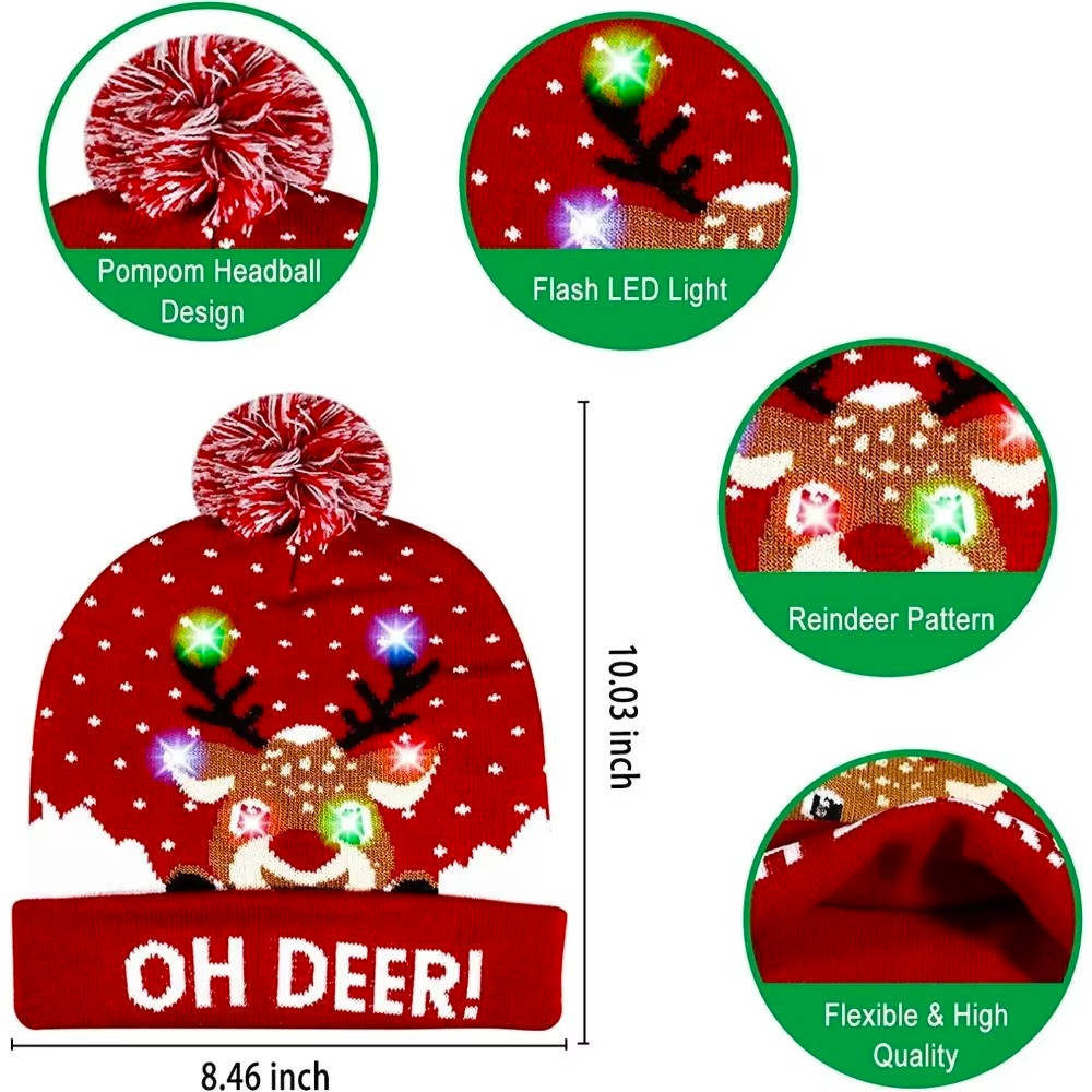 Adult light-up Christmas hat, a comfortable knit beanie with a pompom & festive LED lights for winter.