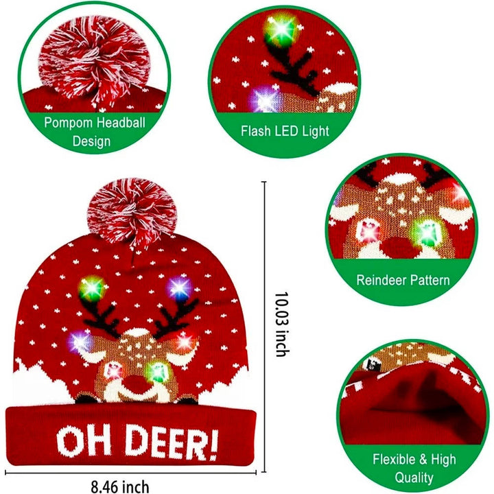Adult light-up Christmas hat, a comfortable knit beanie with a pompom & festive LED lights for winter.