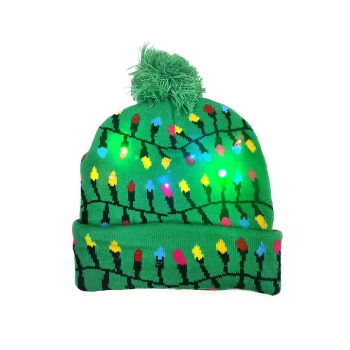 Festive LED Christmas beanie, a unisex light-up holiday hat with a warm knit design and a cute pompom.