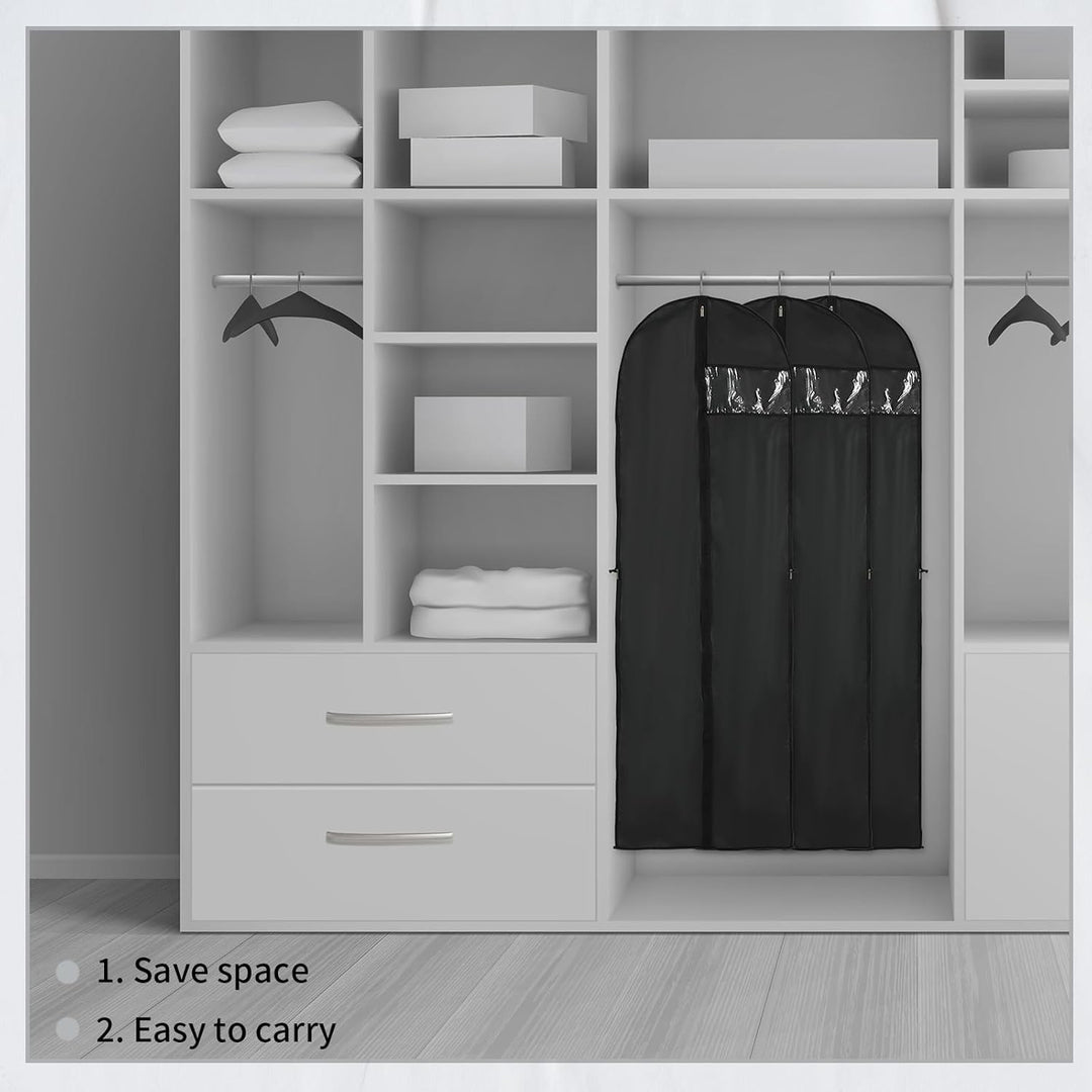 Closet organization garment bags 2-pack. Long dust covers for suits, gowns, and formalwear storage.