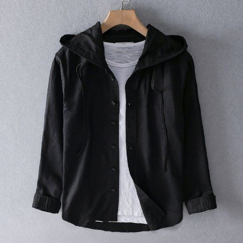 Front zipper detail on a luxurious unisex linen summer hoodie jacket.