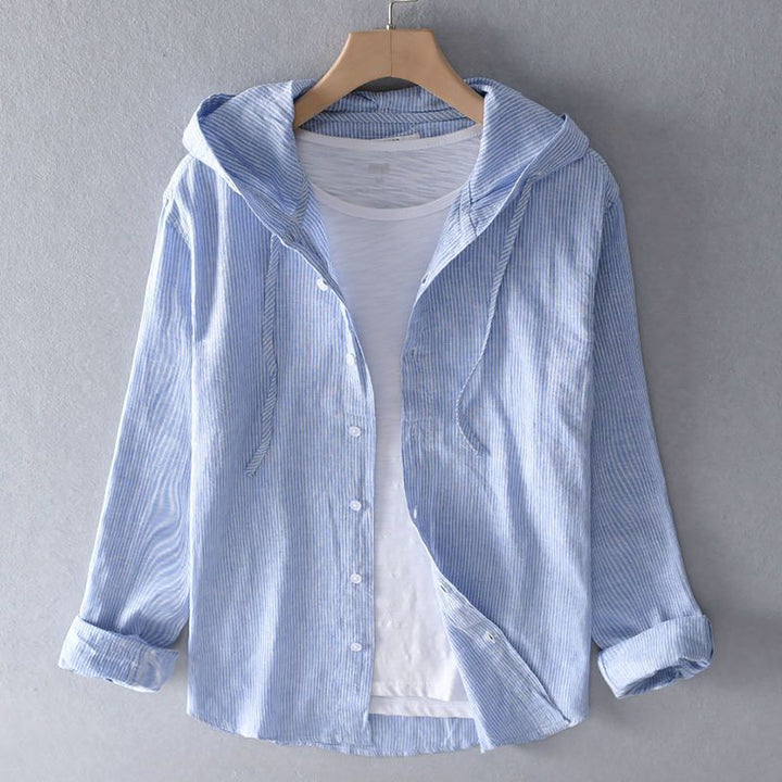 Close-up of soft linen fabric on a unisex summer hoodie, perfect for casual wear.
