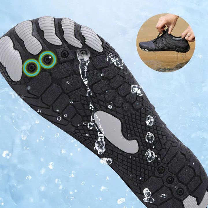 Barefoot training shoes, gray, showing the zero-drop profile beneficial for foot health