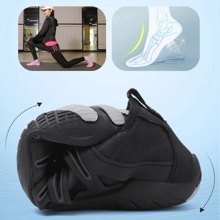 Foot wearing a black minimalist barefoot shoe during a fitness activity, emphasizing natural movement