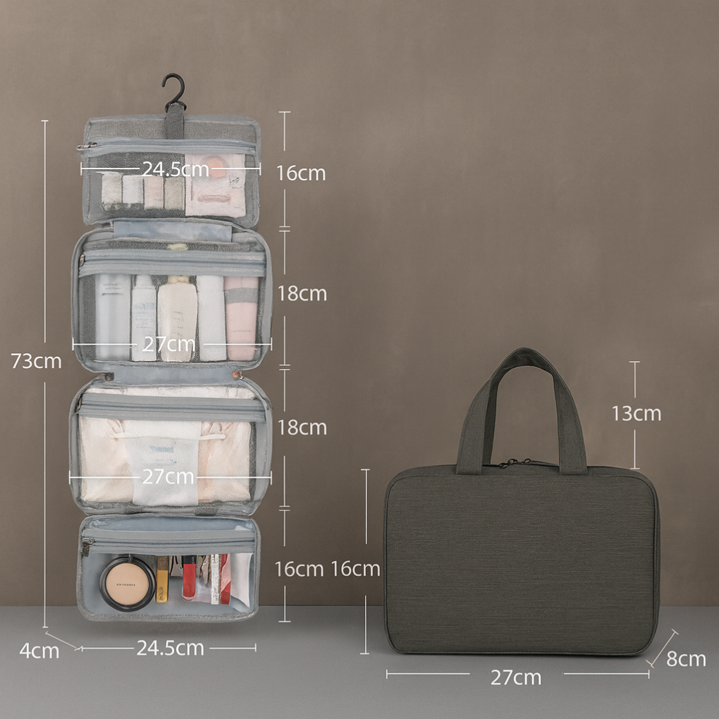 Unisex multi-compartment hanging travel toiletry bag, open, showing various pockets and elastic loops, waterproof.