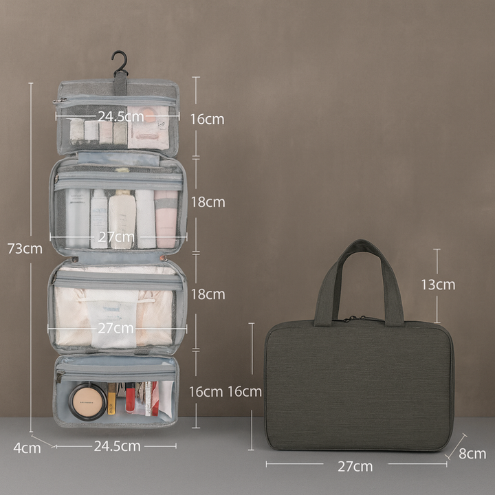 Unisex multi-compartment hanging travel toiletry bag, open, showing various pockets and elastic loops, waterproof.