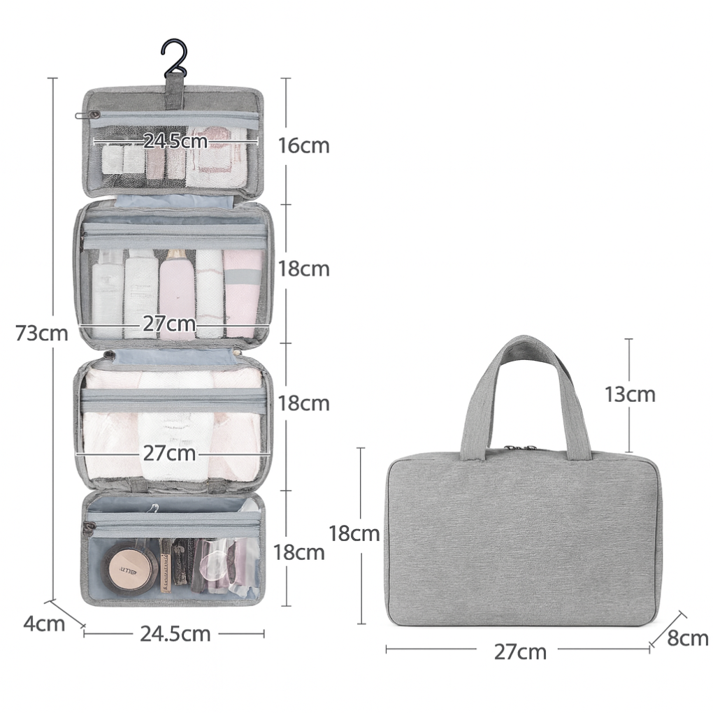 Folded unisex travel toiletry organizer, closed with zipper, durable waterproof fabric.