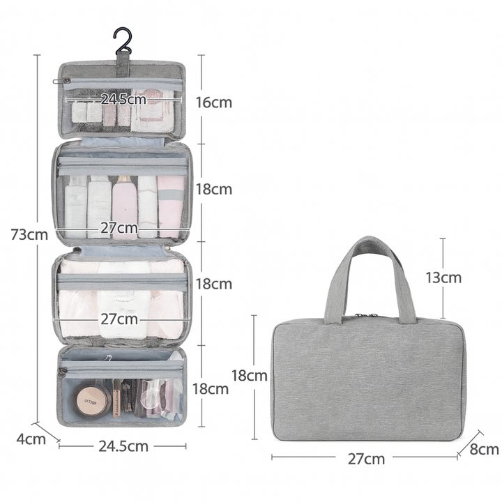 Folded unisex travel toiletry organizer, closed with zipper, durable waterproof fabric.