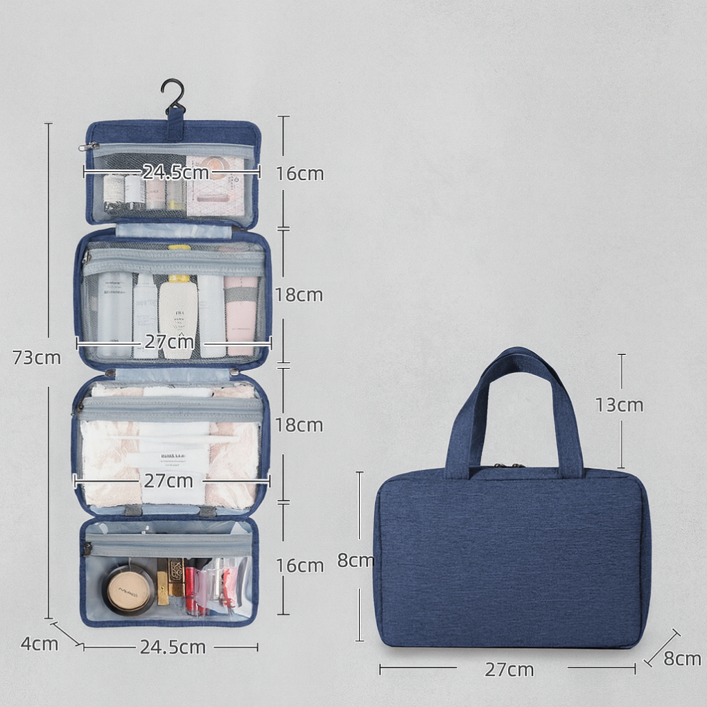Hanging travel wash bag in a modern bathroom, showcasing its multiple compartments for cosmetics and toiletries.