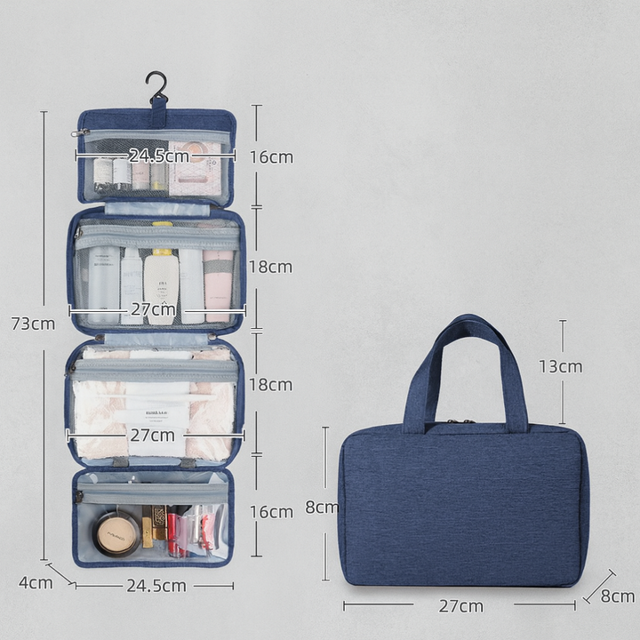 Hanging travel wash bag in a modern bathroom, showcasing its multiple compartments for cosmetics and toiletries.