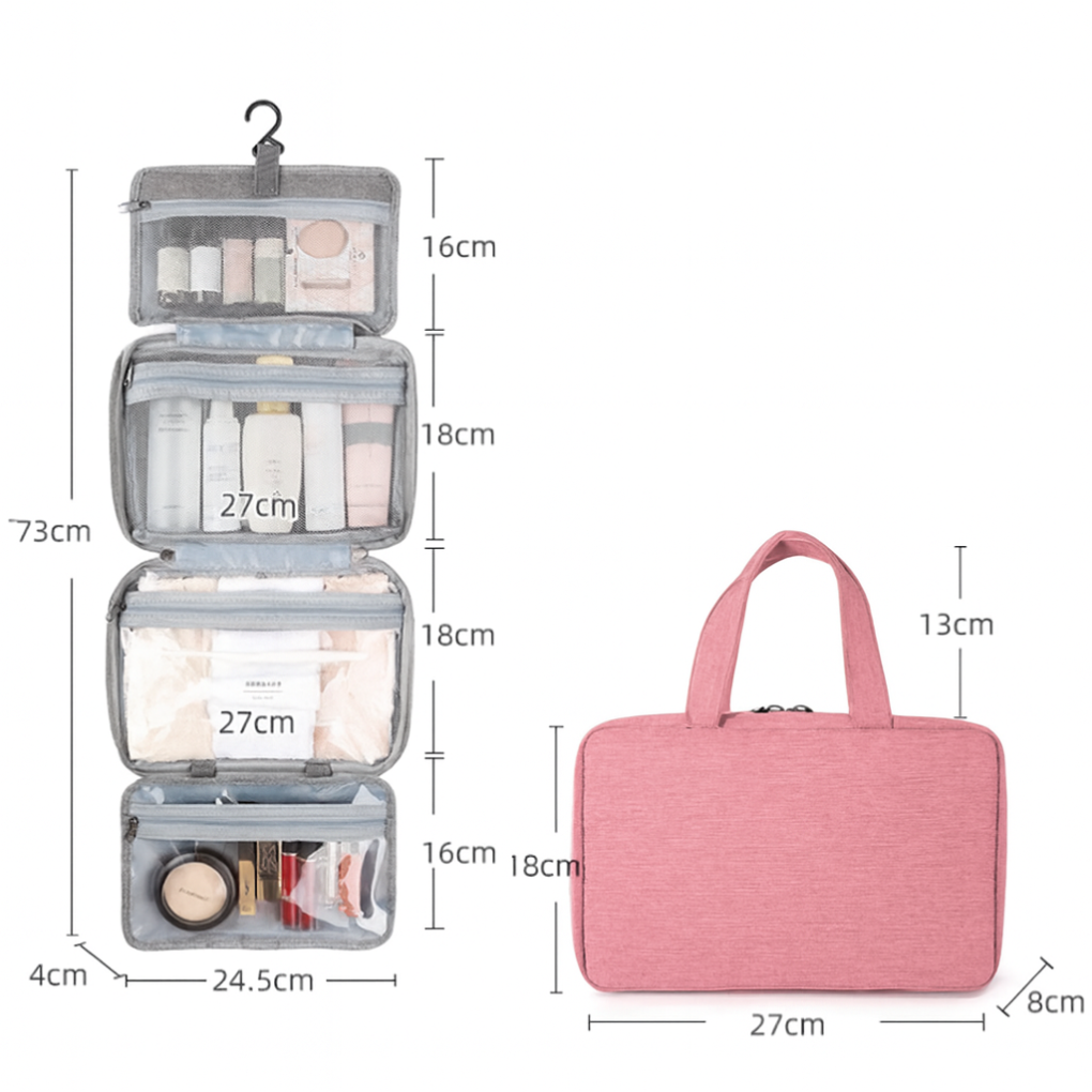 Front view of an empty unisex travel toiletry bag, featuring a sturdy hook and waterproof material.