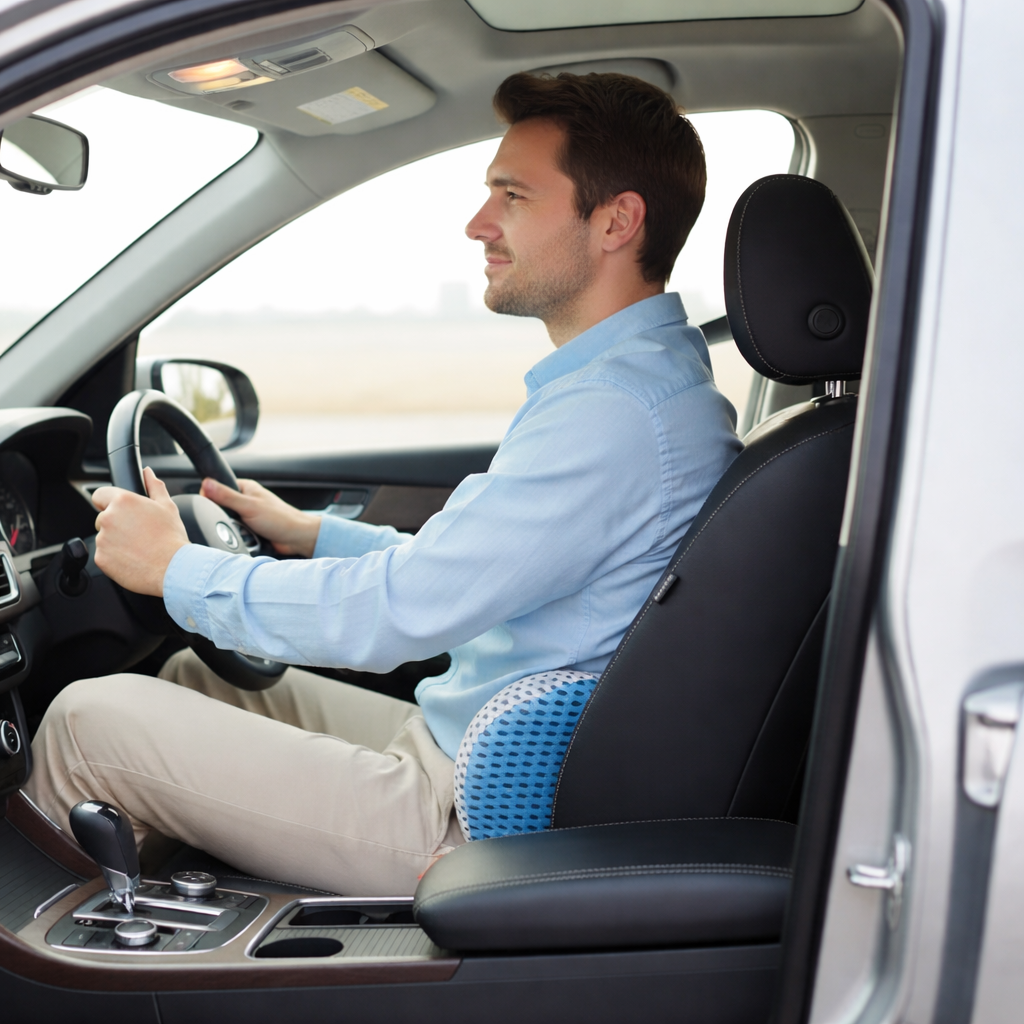 Memory foam ergonomic lumbar support cushion for office chairs & car seats, offering daily comfort.