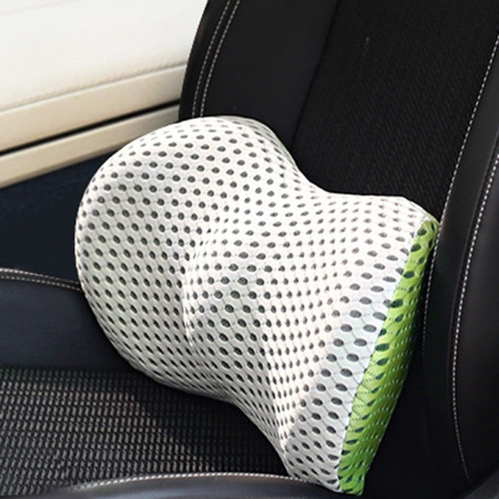 Ergonomic back support pillow for improved posture, providing lumbar relief in office chairs & vehicles.
