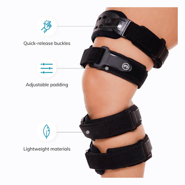 View of a person wearing a black unisex osteoarthritis unloader knee brace for pain relief.
