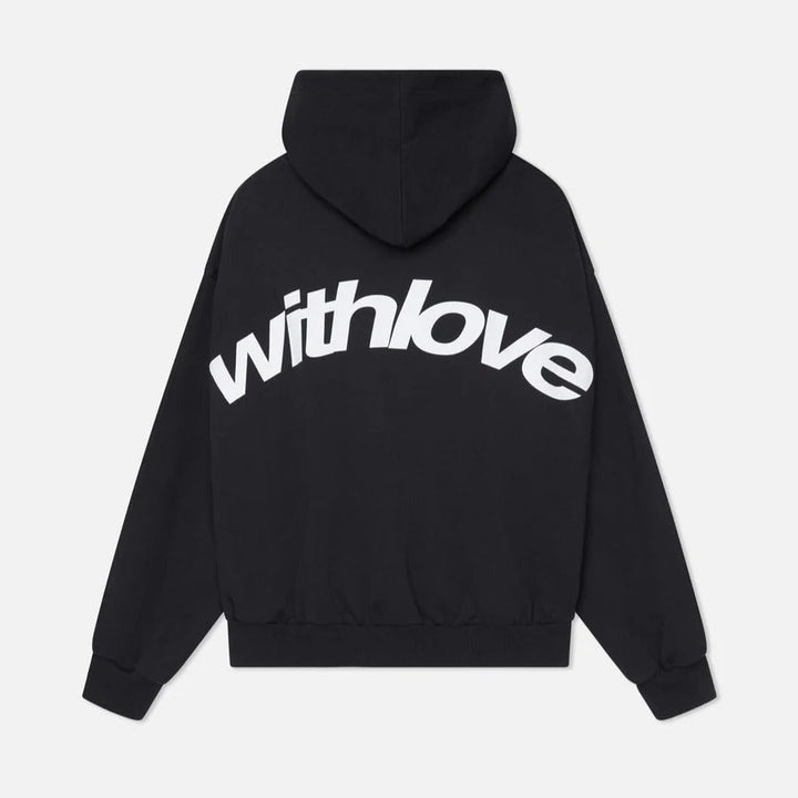 Unisex oversized hoodie with a bold slogan print, perfect for urban streetwear. Comfortable hooded sweatshirt.