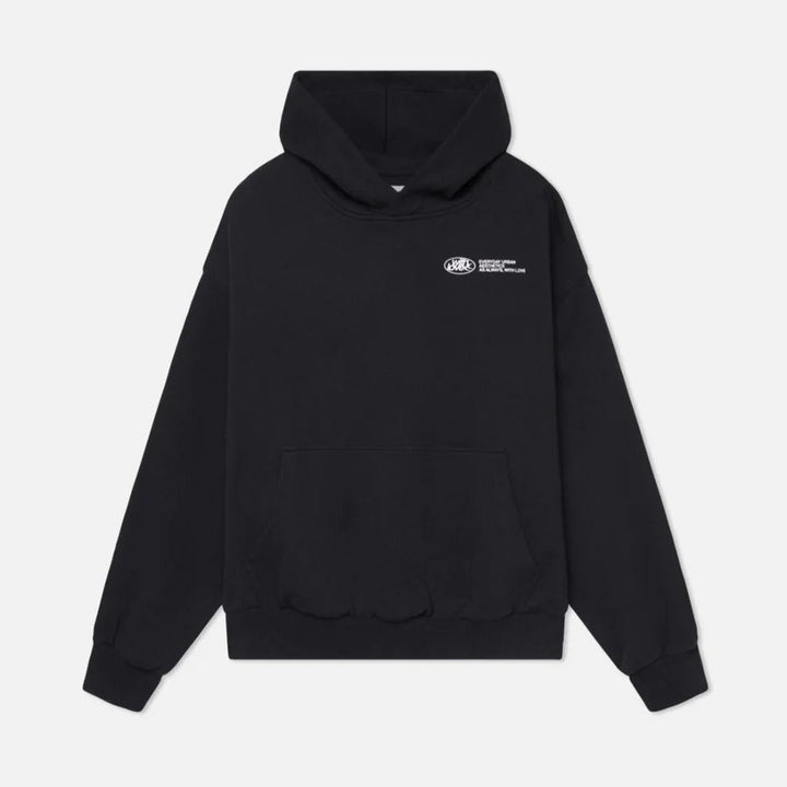 Oversized hooded sweatshirt for men & women, featuring a bold slogan print for streetwear appeal.