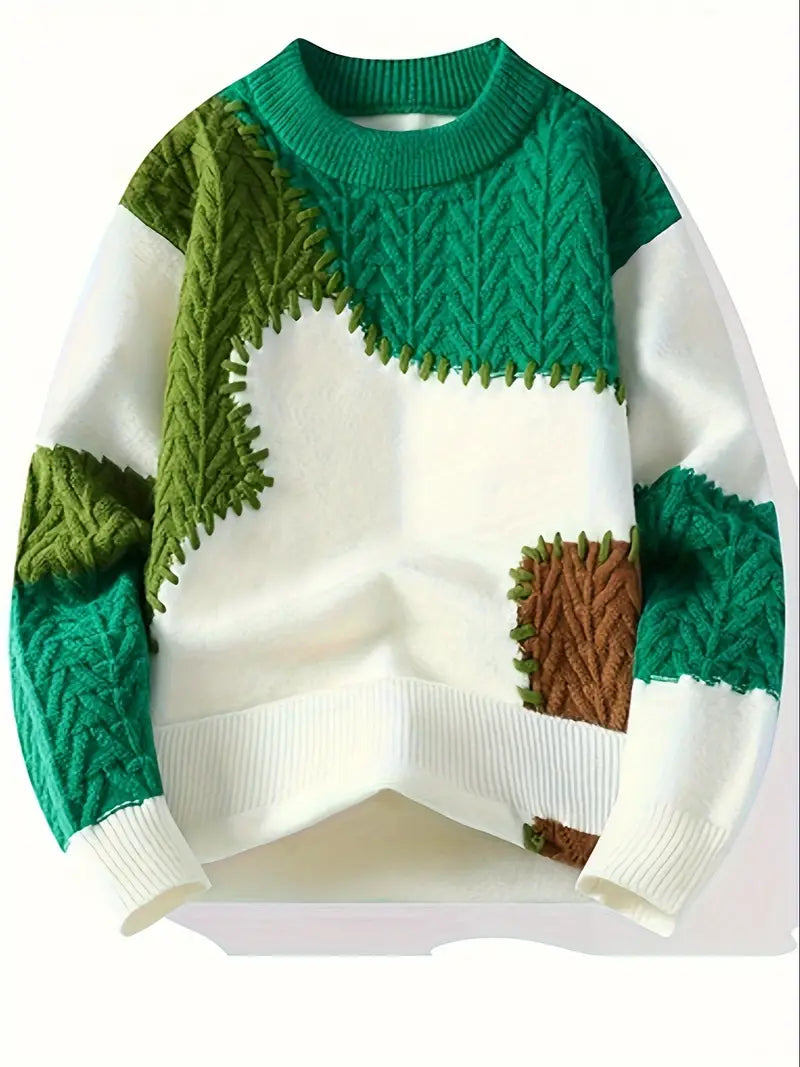 Unisex patchwork knitted sweater with round neck, vibrant color block design, perfect for fall fashion