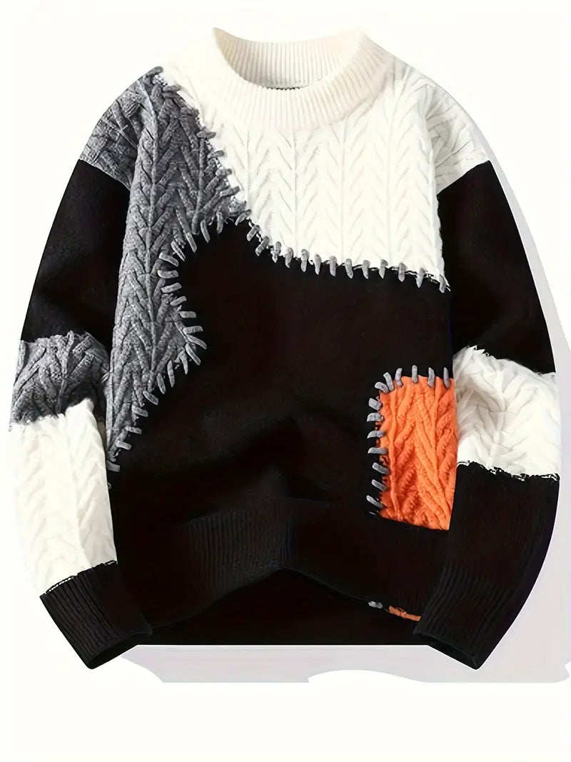 Soft knit unisex sweater featuring a unique patchwork design, round neck, ideal for casual winter wear