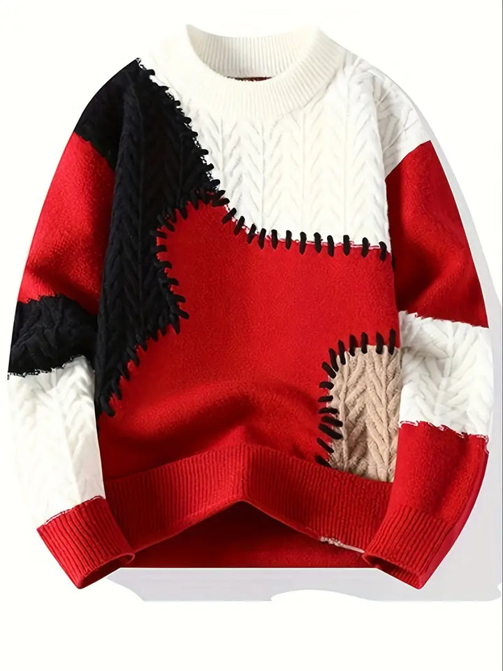 Close-up of a cozy, round-neck unisex knitted sweater showcasing its intricate patchwork and soft texture