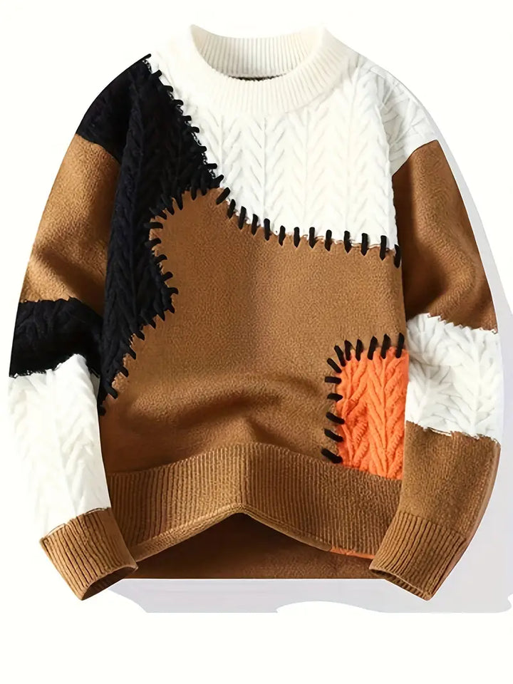 Stylish unisex patchwork sweater with a comfortable round neck, a versatile piece for autumn and winter outfits