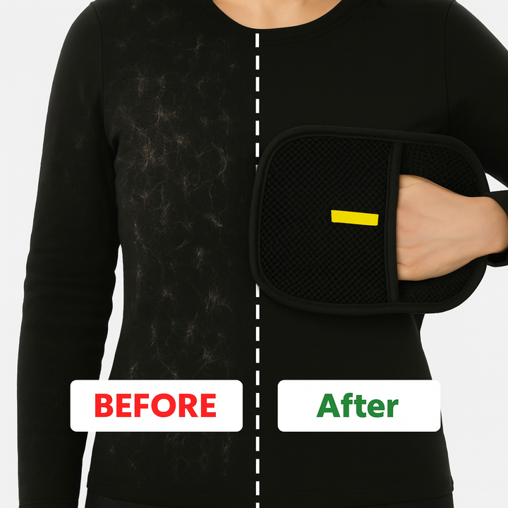 Versatile pet hair removal glove for home cleaning, effective on clothing, bedding, and car interiors.