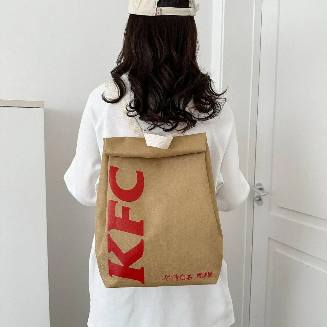 Unique fast food design backpack, a playful & practical polyester bag for everyday adventures.