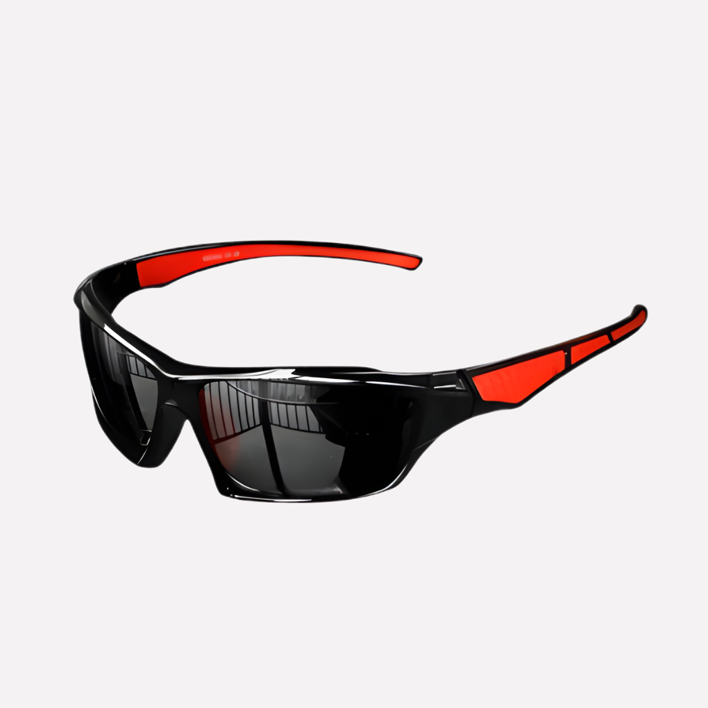 Close-up of polarized UV400 sports sunglasses, durable frame, suitable for activewear