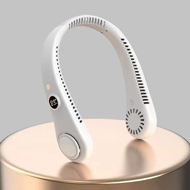 Unisex portable 5-speed bladeless neck cooling fan for hands-free summer heat relief.